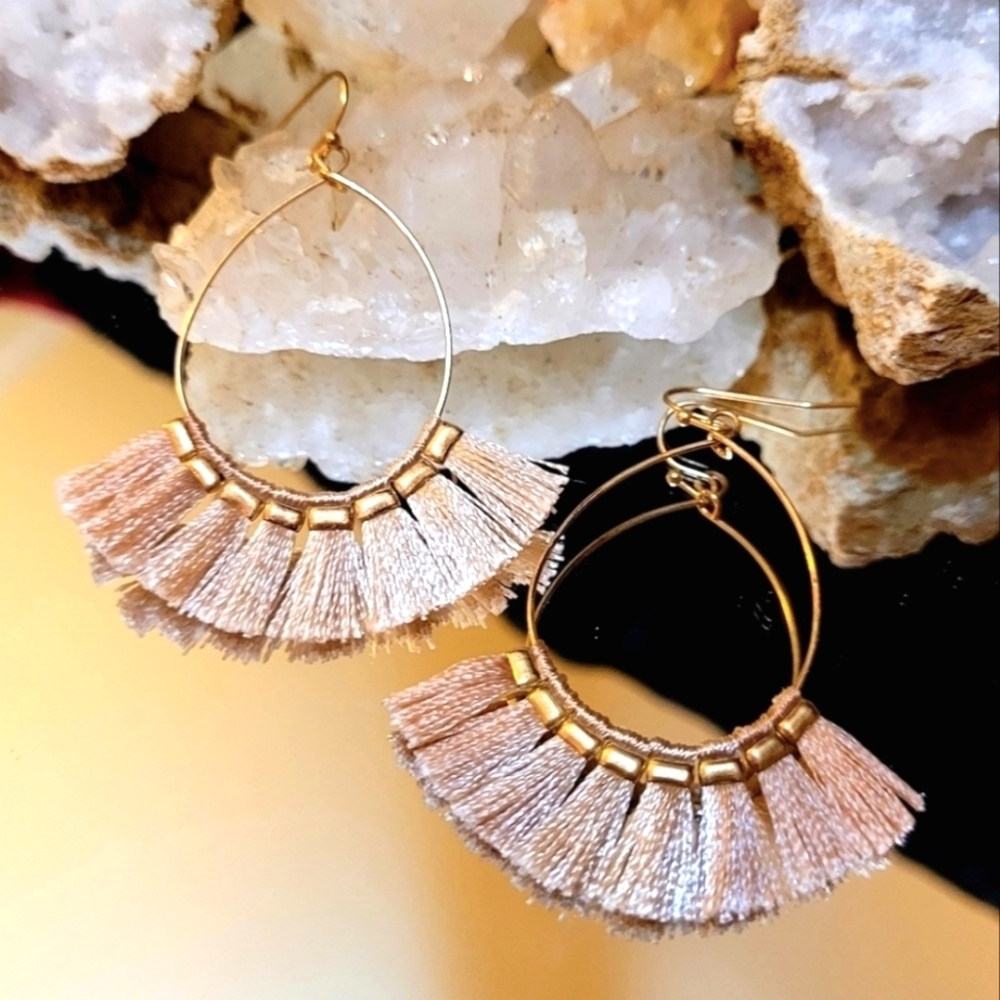 Tango 100% Silk Blush Pink Gold Hoop Dangle Earrings
